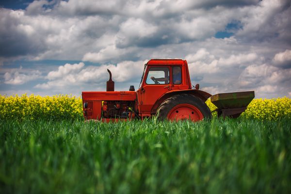 Red tractor in a field